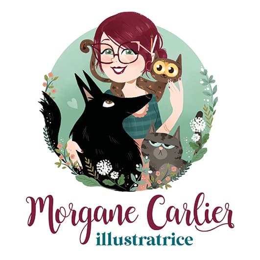 Logo de l'illustratrice Morgane Carlier, entourée de ses chats et de son chien, ses sources d'inspiration