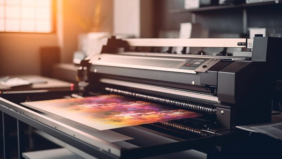 Atelier d'impression professionnel avec une imprimante numérique.
