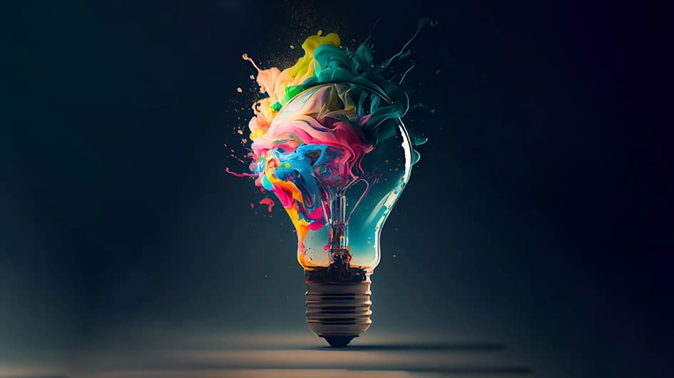 représentation artistique d'une ampoule avec des fumées de toutes les couleurs s'échappant de l'ampoule