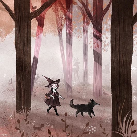 Une illustration de Morgane Carlier la montrant dans la forêt habillée en sorcière avec son chien