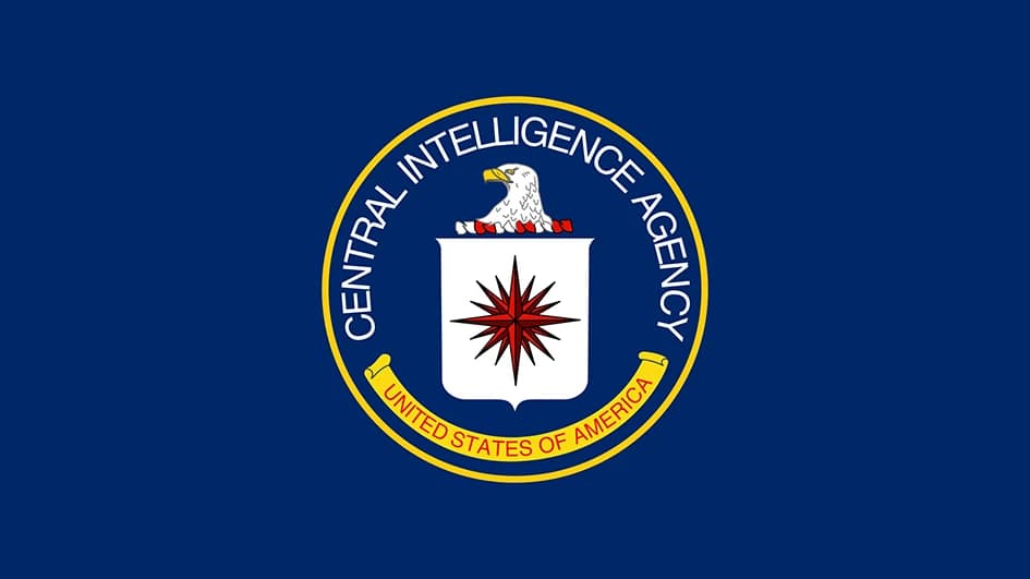 Drapeau de la CIA : sceau à l'aigle et à la rose des vents, cerclé de jaune, sur fond bleu marine