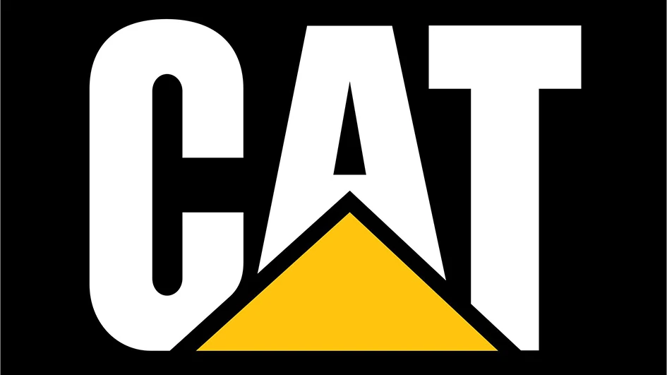 Logo Caterpillar « CAT » en capitales blanches avec triangle jaune, sur fond noir : une association jaune et noir