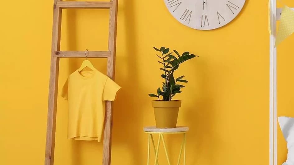 Mur jaune moutarde avec échelle en bois, t-shirt jaune sur cintre, plante en pot jaune et horloge blanche