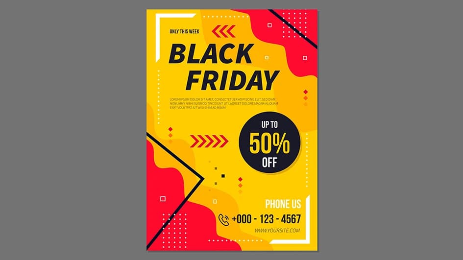 Modèle de flyer Black Friday jaune et rouge annonçant jusqu'à 50 % de remise, imprimé promotionnel typique du papier de faible grammage