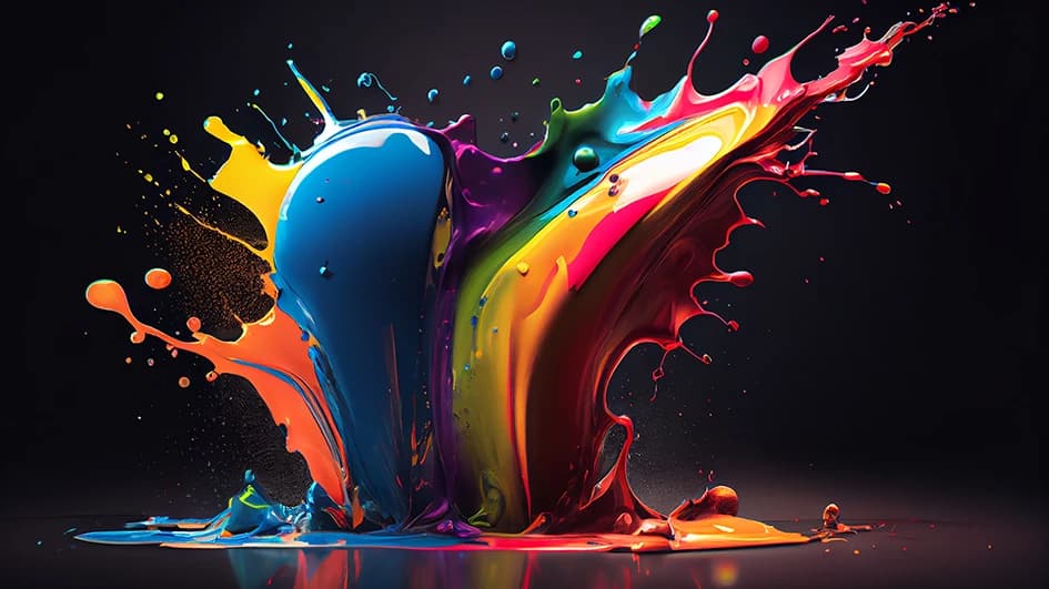 Éclaboussure de peintures bleue, jaune, rouge et violette sur fond noir, évocation des encres de l'impression jet d'encre