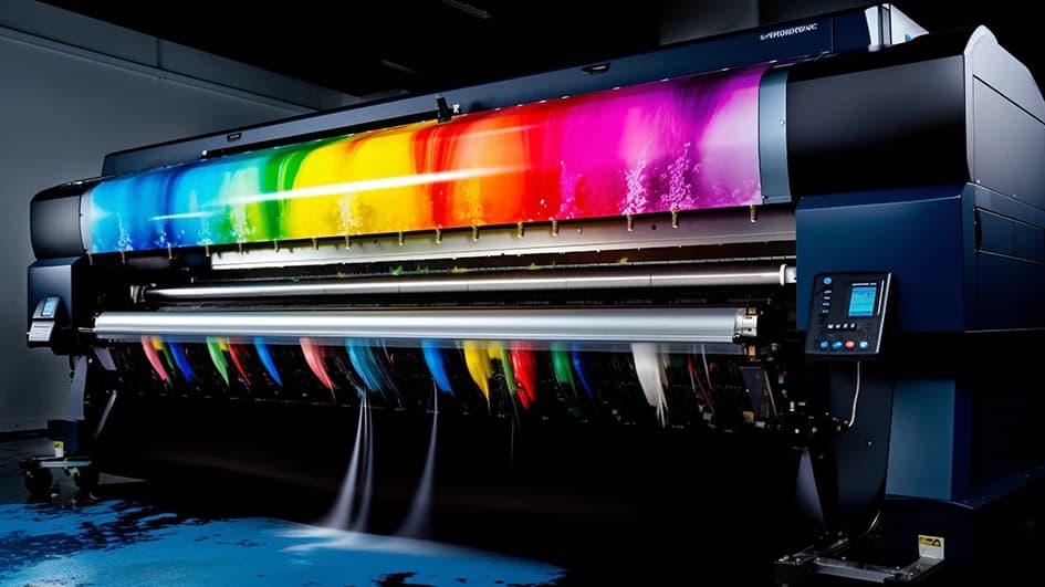 Imprimante numérique grand format projetant des encres aux couleurs de l'arc-en-ciel dans un atelier sombre