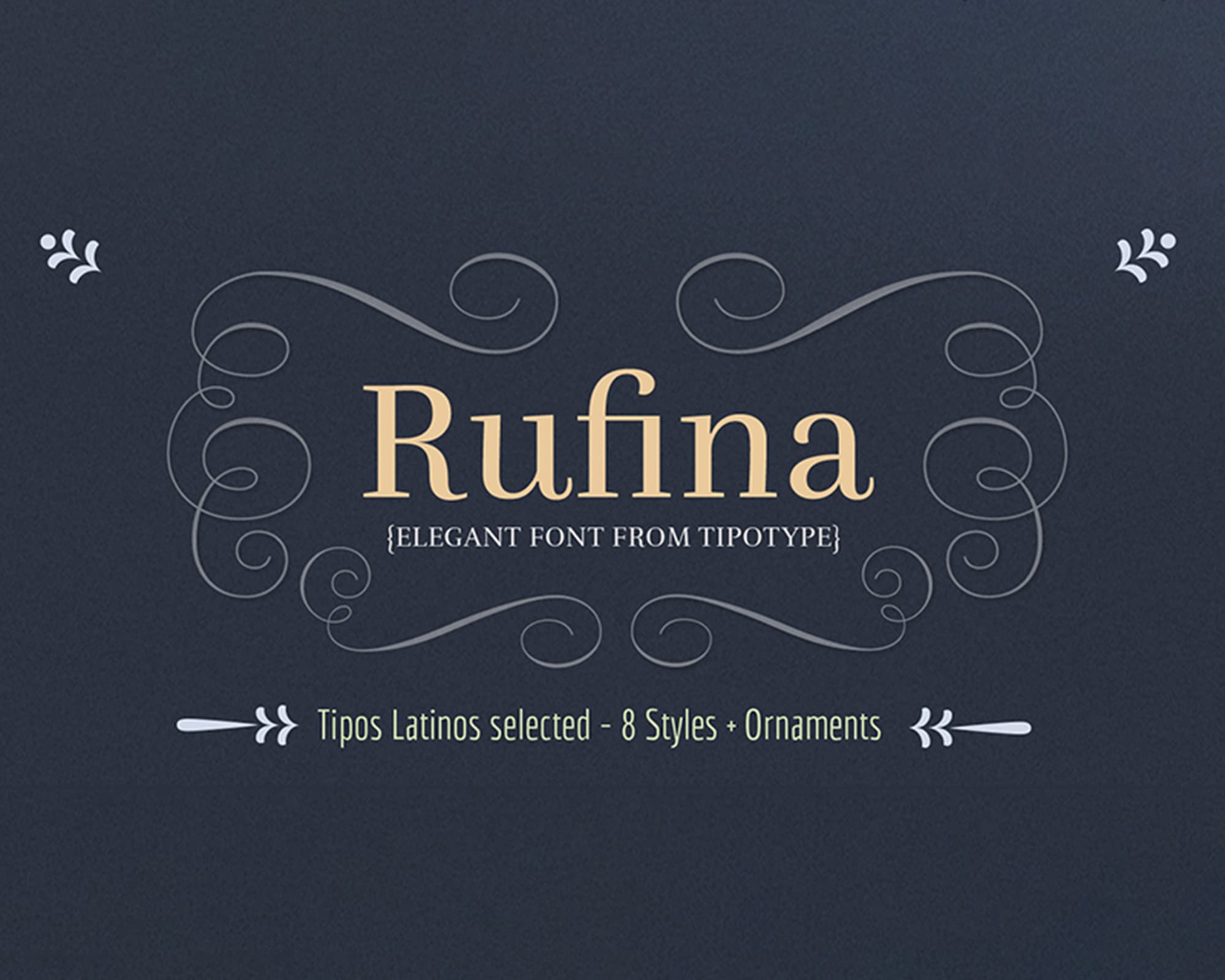 Présentation de la police serif Rufina de Tipotype, lettres dorées entourées d'arabesques sur fond bleu nuit