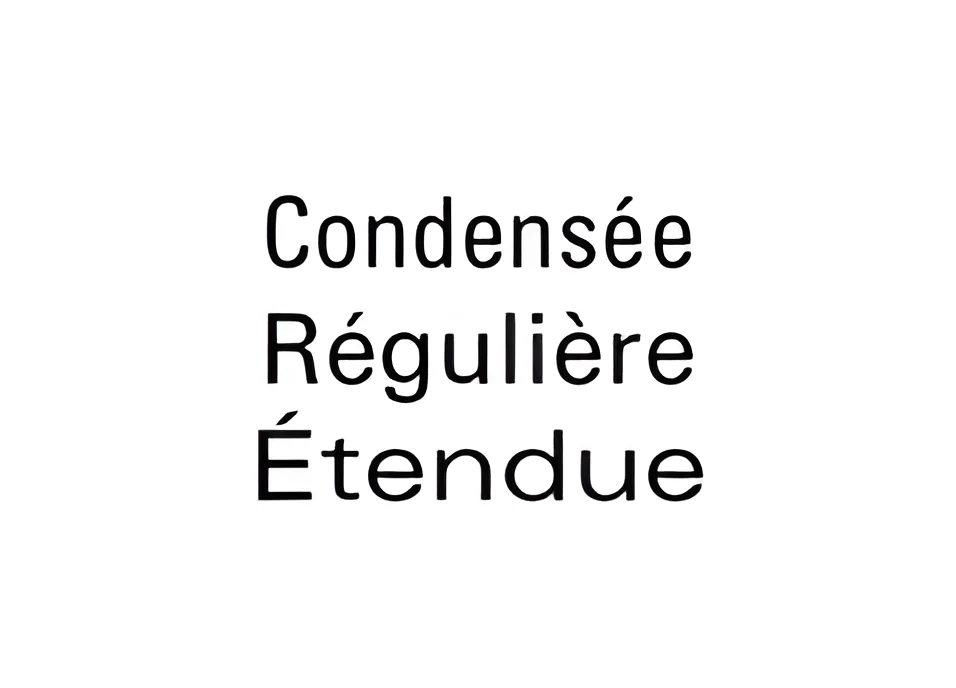 Trois chasses d'une police sans serif : les mots Condensée, Régulière et Étendue composés chacun dans leur largeur