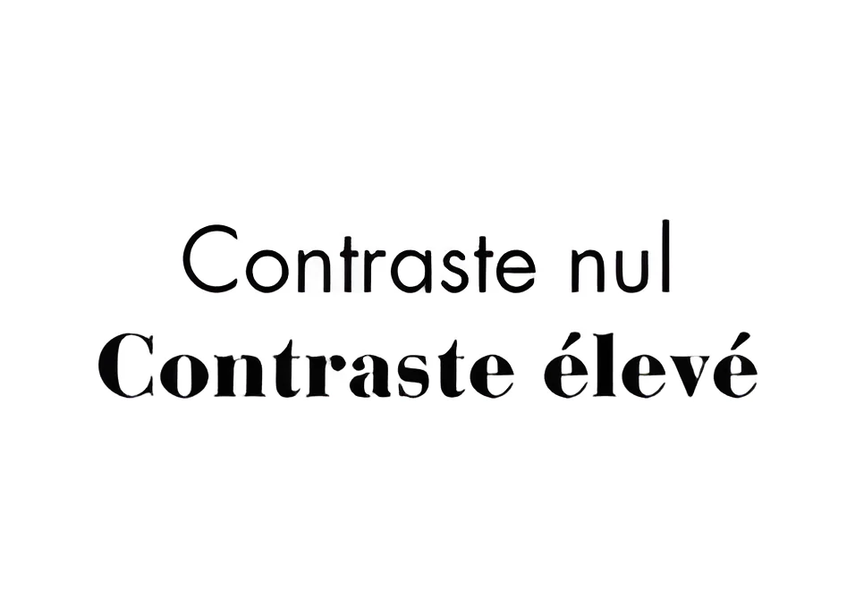 « Contraste nul » en police bâton et « Contraste élevé » en police à empattements grasse, pour comparer le contraste typographique