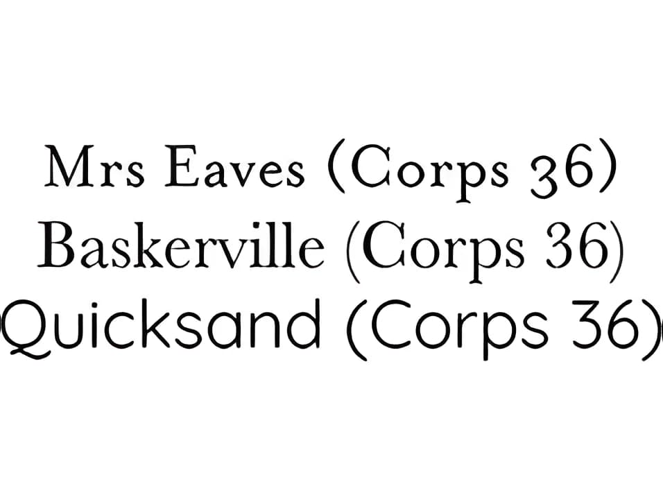 Mrs Eaves, Baskerville et Quicksand composées au même corps 36 : la taille apparente des caractères varie selon la police