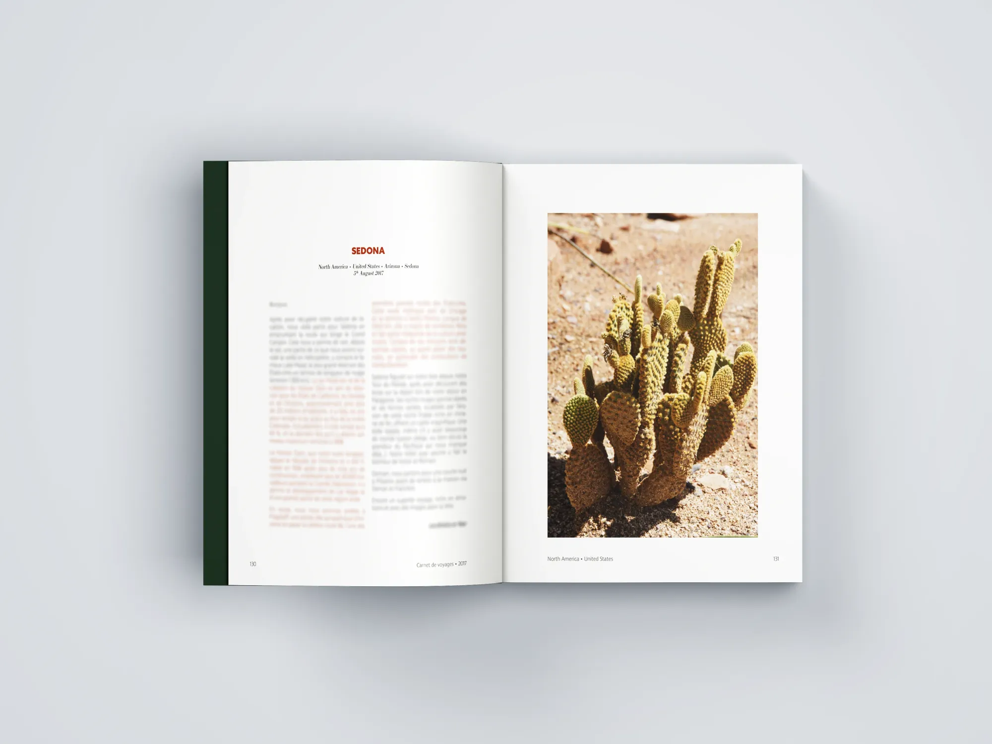 Double page Sedona, en Arizona, du beau livre de voyage : titre rouge, texte sur deux colonnes et photo de cactus en page de droite