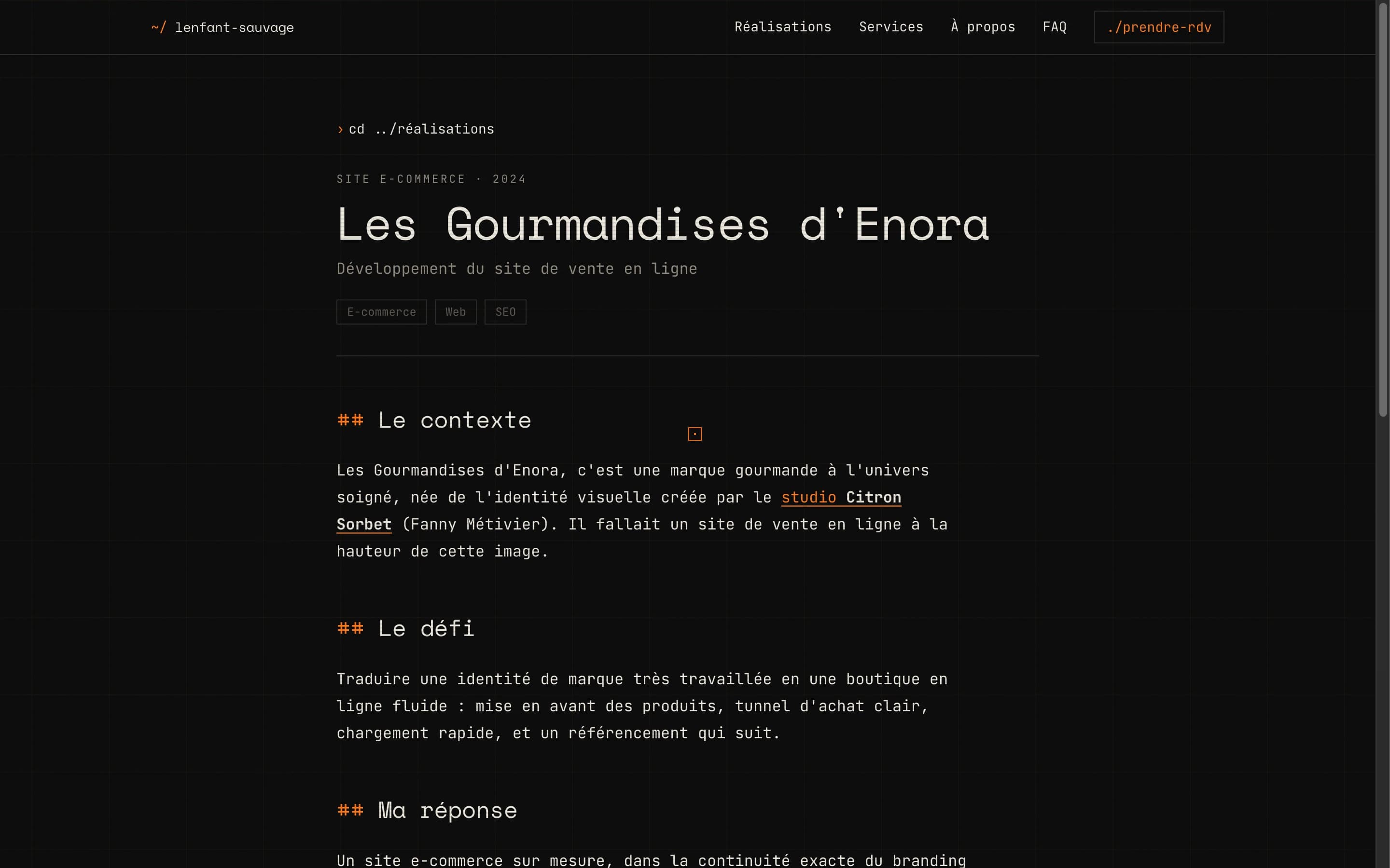 Étude de cas du site e-commerce des Gourmandises d’Enora sur le site de L’enfant Sauvage, qui cite l’identité du Studio Citron Sorbet