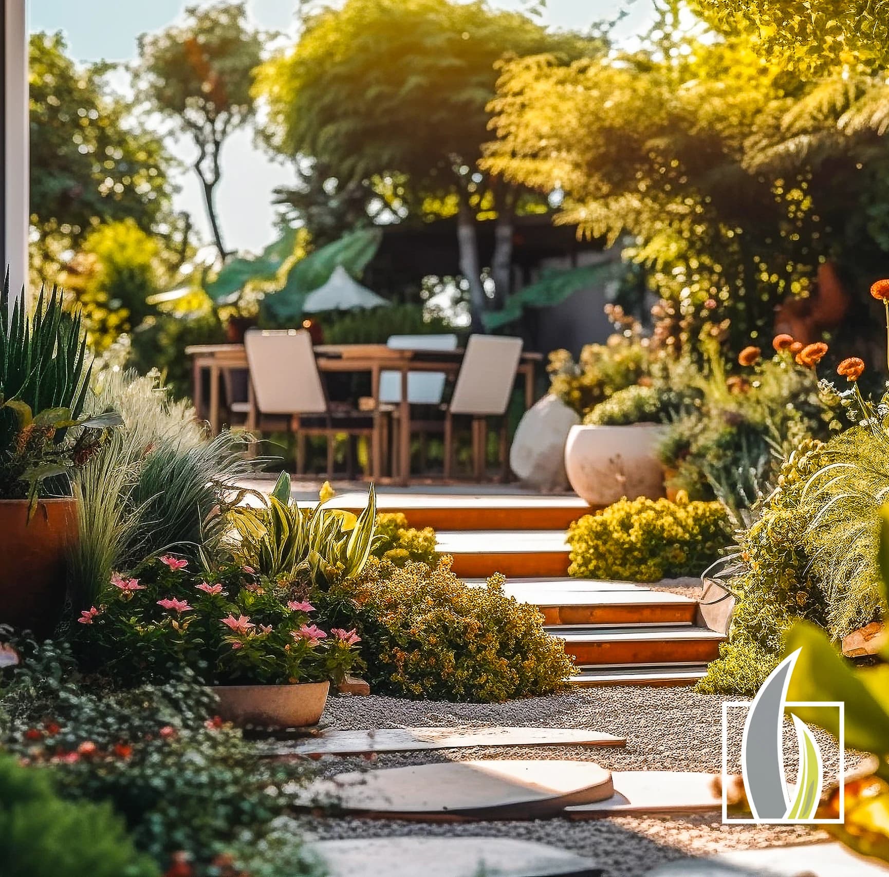 Étude de cas : Symbole du logo Astelia Paysage incrusté sur un jardin en terrasse fleuri, identité visuelle par le Studio Citron Sorbet, graphiste à Nantes