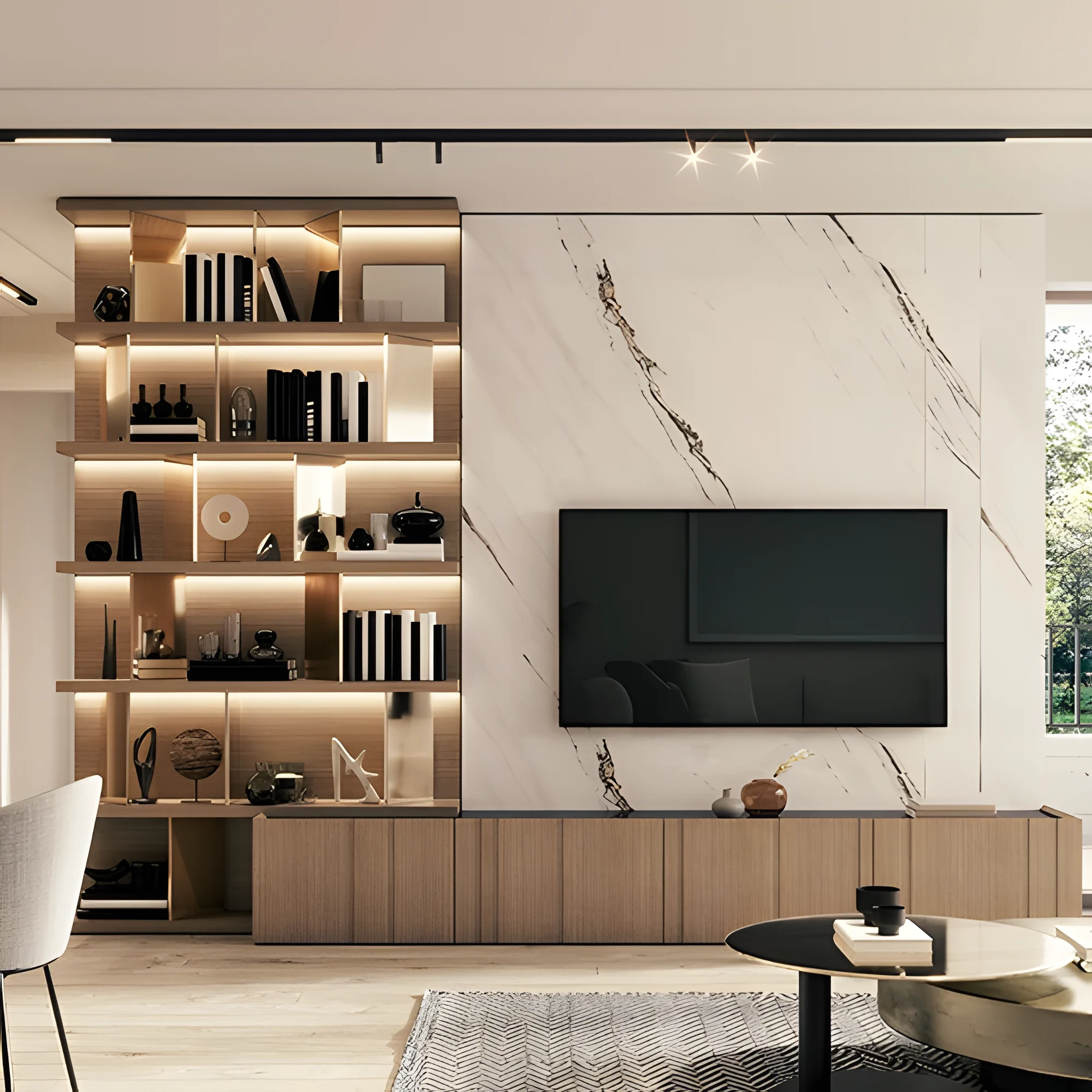 Salon avec bibliothèque rétroéclairée en bois et mur en marbre veiné, style d'agencement haut de gamme visé par l'Atelier Orma