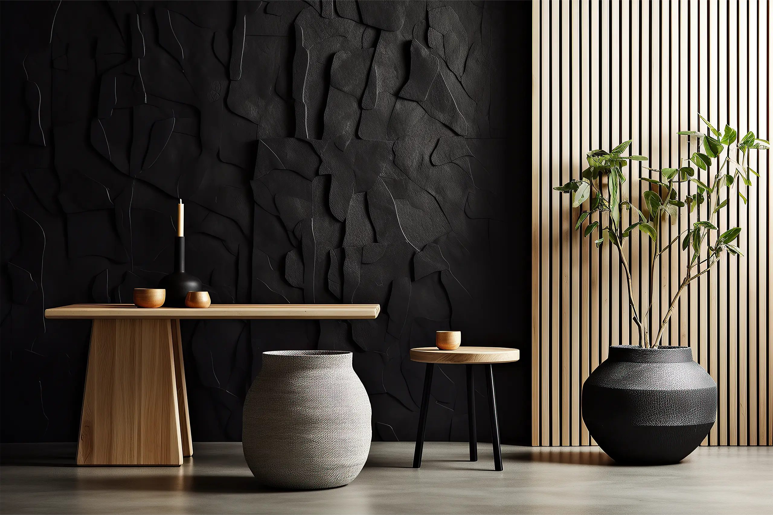 Console en chêne, vases texturés et claustra en bois sur mur noir, bannière du projet Atelier Orma par le Studio Citron Sorbet, graphiste à Nantes