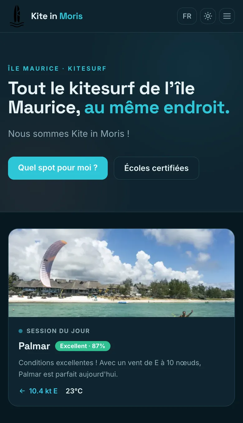 Site Kite in Moris sur mobile en thème sombre, fond bleu nuit et accroche teal, direction artistique du Studio Citron Sorbet