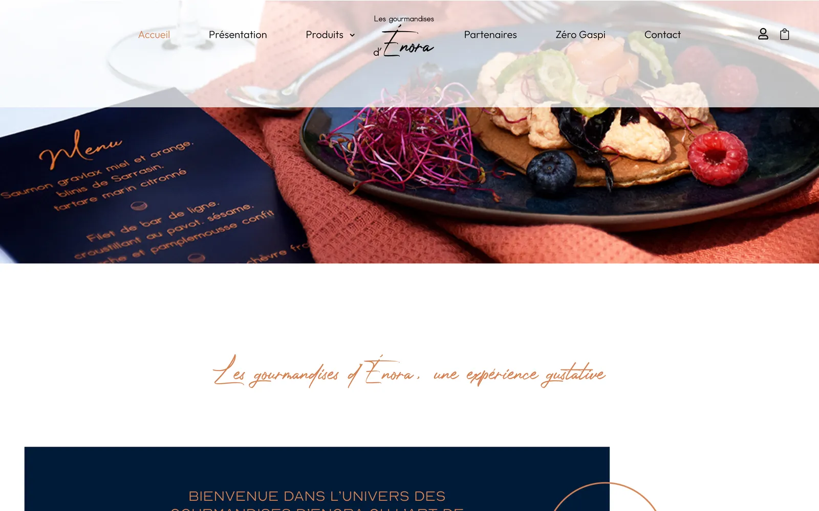 Page d'accueil du site internet de Les Gourmandises d'Énora (lesgourmandisesdenora.fr) sur ordinateur, webdesign Studio Citron Sorbet et développement L'enfant Sauvage