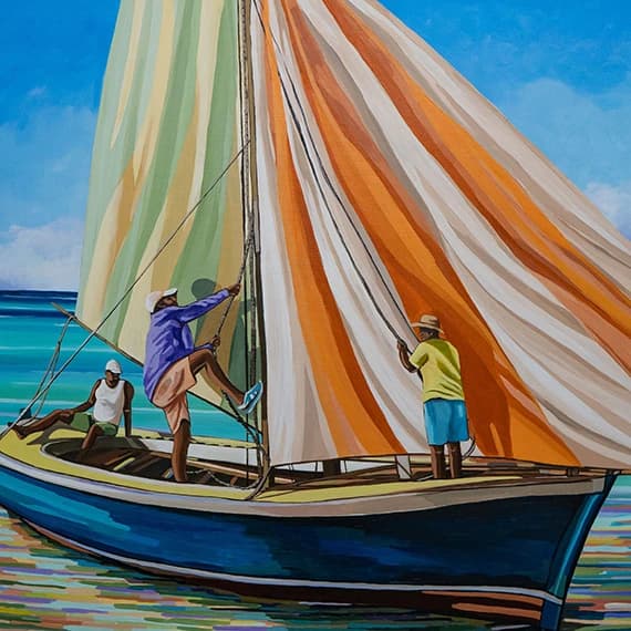 Tableau de Naveena Alankalee : pirogue mauricienne à voile rayée orange et verte sur un lagon turquoise, œuvre de Rêv ti dodo