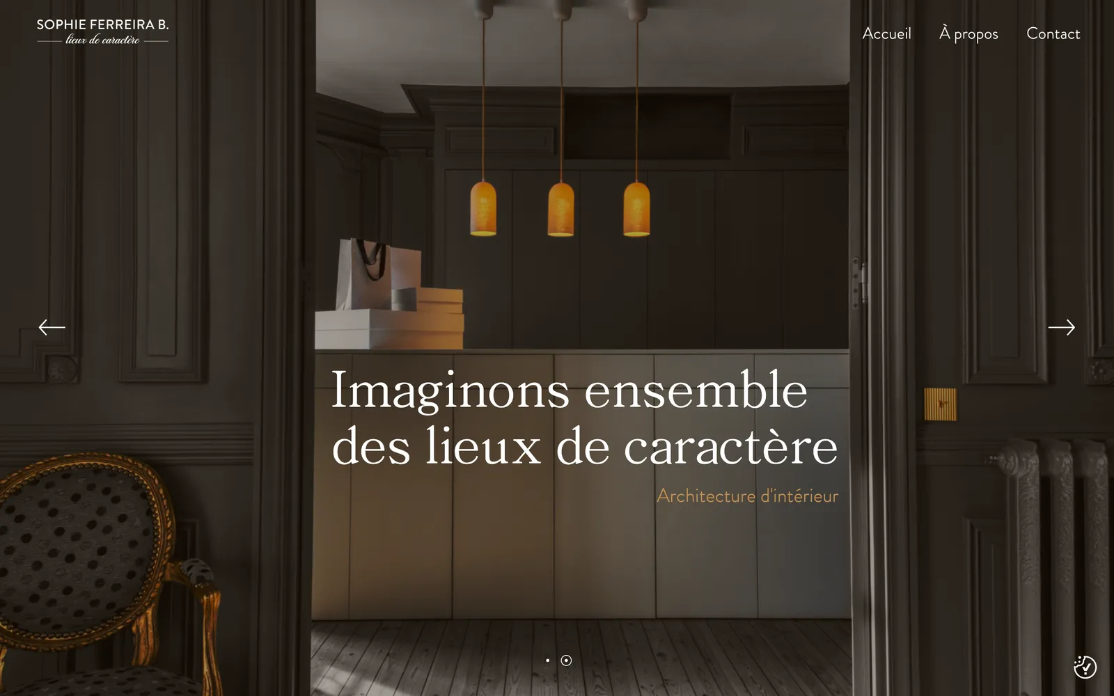 Page d'accueil du site internet de Sophie Ferreira B. (sophieferreirab.fr) sur ordinateur, webdesign Studio Citron Sorbet et développement L'enfant Sauvage